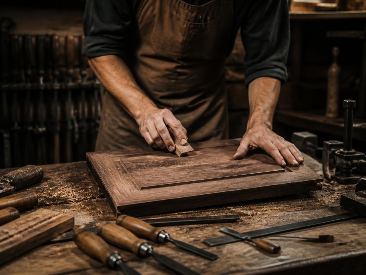 Craftsman hand-finishing a walnut cabinet door in the Rao workshop